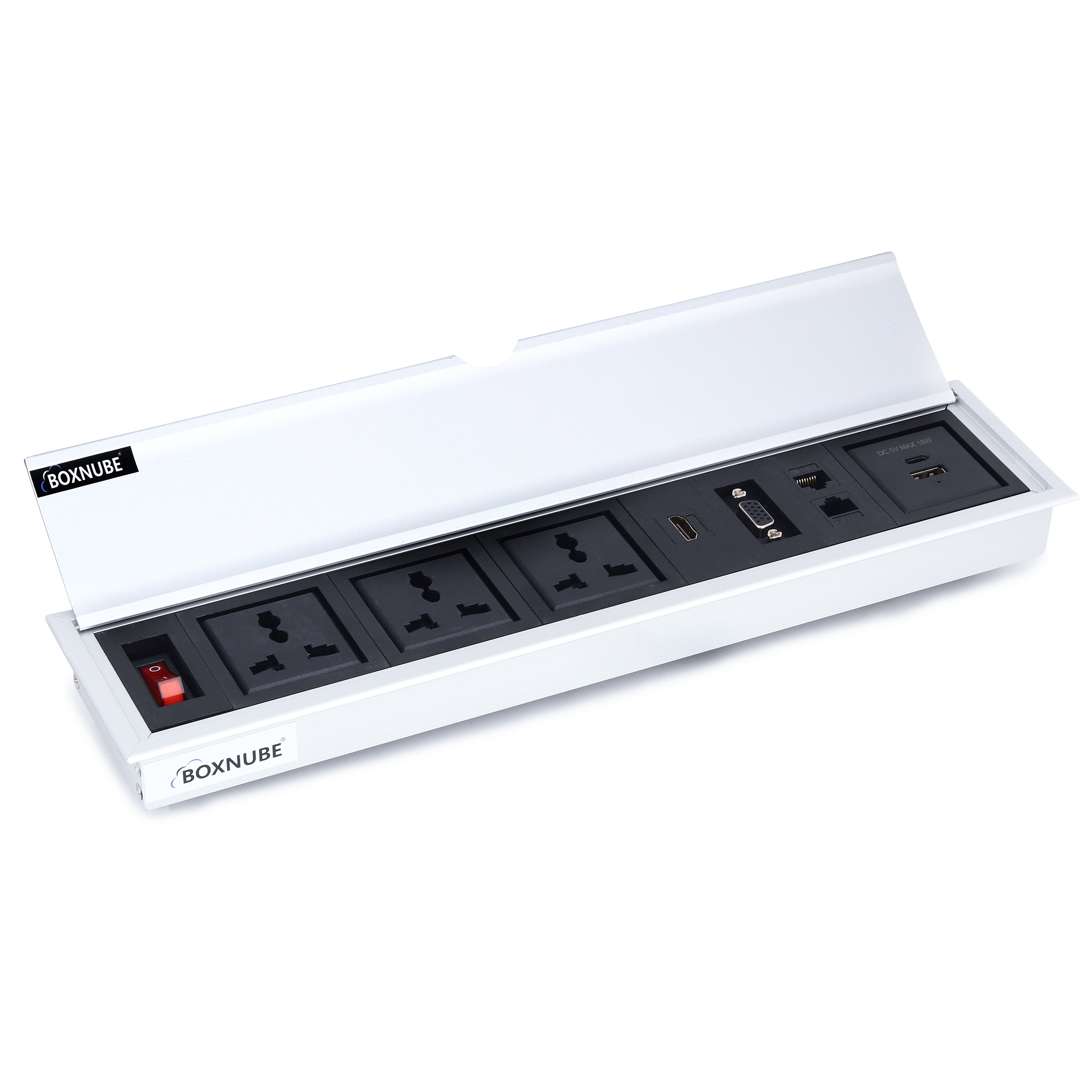 BOXNUBE Fliptop Box Cable Cubby Extension Board with On/Off Switch, Universal Power Sockets, LAN , HDMI , VGA , USB-A & USB-C Type C Ports BOXNUBE Fliptop Box Cable Cubby Extension Board with On/Off Switch, Universal Power Sockets, LAN , HDMI , VGA , USB-A & USB-C Type C Ports